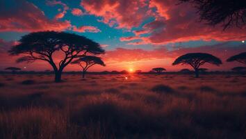 Savanna Landscape with Trees at Sunset photo