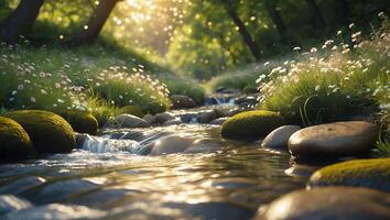 River Flowing Through Nature Landscape with Flowers photo
