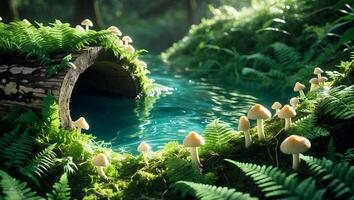 Mushroom and Fern Landscape by Water Stream photo