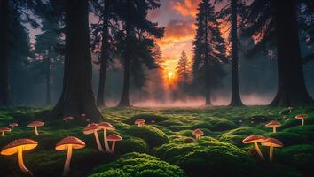 Mushroom in Forest at Sunset photo