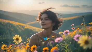 Woman in Flower Field with Butterfly Necklace photo