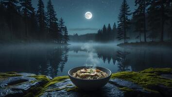Risotto Dish on Rock at Night Near Lake and Moon photo