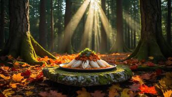 Squid Dish with Sauce Served in Autumn Forest photo