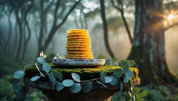 Stack of Flatbreads on Stone Table in Forest photo