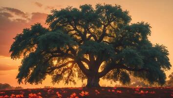 Large Tree Sunset Landscape with Flowers photo