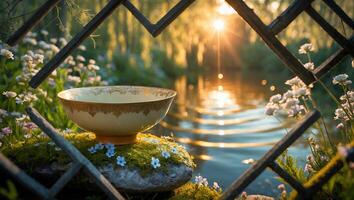 Bowl on Mossy Stone in Nature Scene at Sunset photo