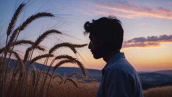 Man in Wheat Field at Sunset photo