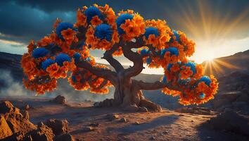 Colorful Flower Tree in Desert Landscape at Sunset photo