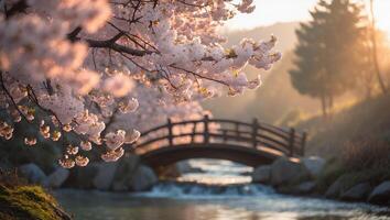 Cherry Blossom and Bridge in Sunny Landscape photo