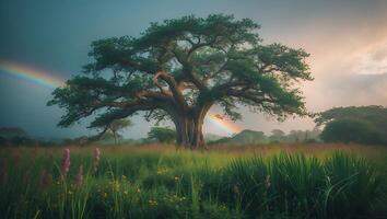 Majestic Tree with Rainbow in Field Landscape photo