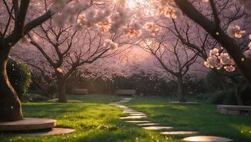 Cherry Blossom Trees in a Garden Path photo
