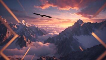 Eagle Flying Over Mountains at Sunset photo