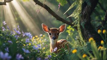 Fawn in Sunlit Forest Glade with Wildflowers photo