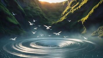 Seagull Flying Above Water Whirlpool and Green Mountains photo