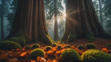 Giant Sequoia Tree Forest with Sunlight and Moss photo