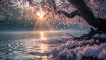 Cherry Blossom Over Water with Sunlight photo