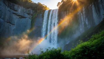 A rainbow is seen in the sun shining over a waterfall photo