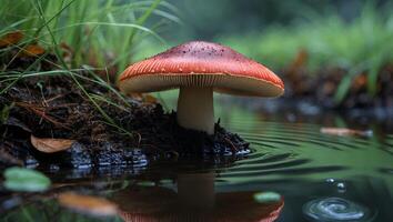 Mushroom Growing Beside Water in Forest photo
