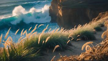 Ocean Wave Crashing Near Cliff with Golden Dune Grass photo