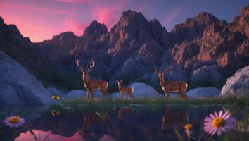 Deer Family by Lake Reflecting Sunset Mountains photo