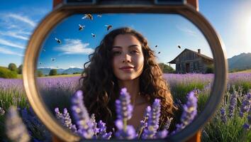 Woman in Lavender Field with Bees and Cabin photo