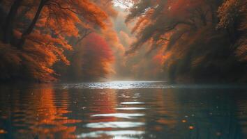Autumn Trees Reflected in Calm River Water photo