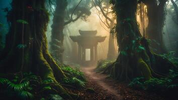 Misty Forest Path with Stone Structure in Nature photo