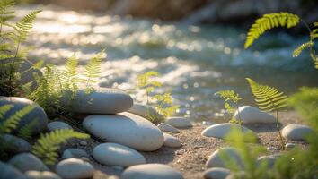 River Scene with Ferns and Smooth Rocks photo