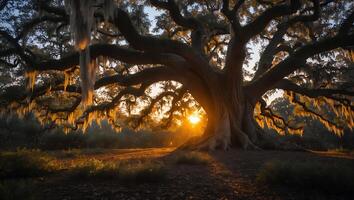 Large Live Oak Tree with Spanish Moss at Sunset photo