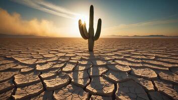 Lone Cactus in Cracked Desert at Sunset photo