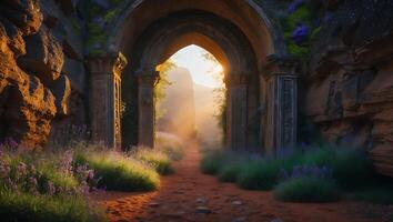 Ancient Stone Archway with Flowers and Sunlight photo