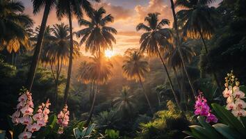 Tropical Forest with Palm Trees and Orchids at Sunset photo