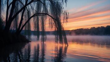 Willow Tree at Lake During Colorful Sunrise photo