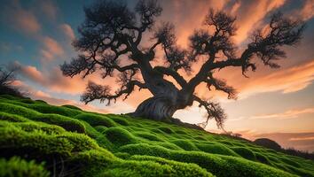 Bare Tree on Green Mossy Hill at Sunset photo