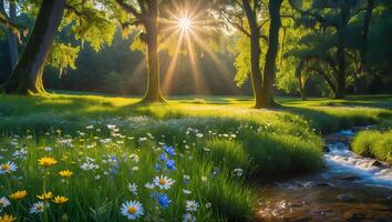 Sunlit Meadow with Daisies and Stream in Forest photo
