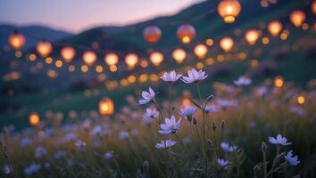 Flowers and Lanterns on a Hill at Dusk photo