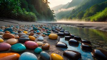 Colorful Rocks Near River in Forest Landscape photo