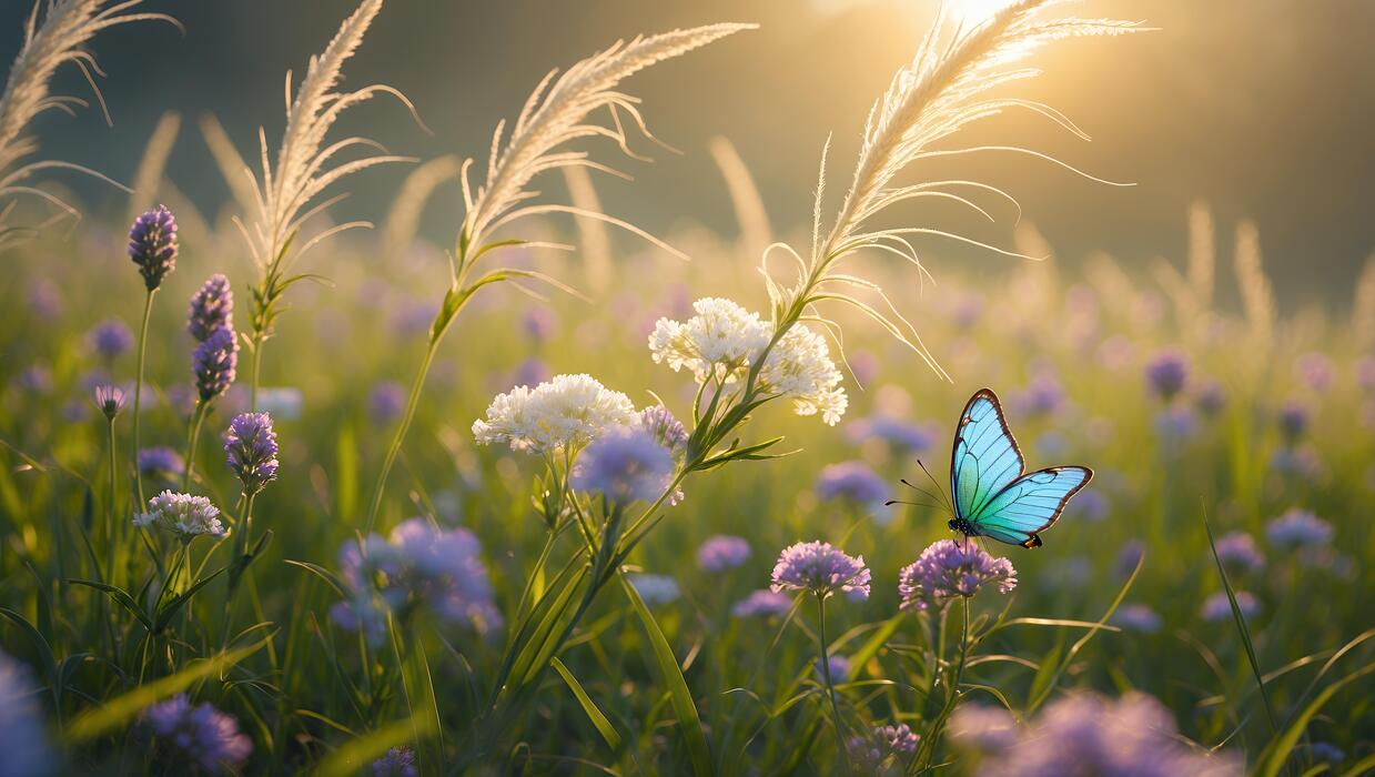 Blue Butterfly on Flower in Meadow at Sunset 65376602 Stock