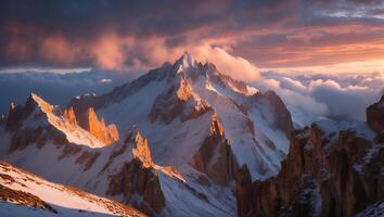 Mountain Range at Sunset with Snow-capped Peaks and Cloudy Sky photo