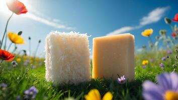 Natural Soap Bars on Meadow with Flowers and Blue Sky photo
