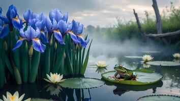 Frog and Iris Flower on Lily Pad in Misty Pond photo
