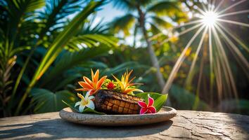 Grilled Meat Dish with Flowers on Plate in Tropical Setting photo