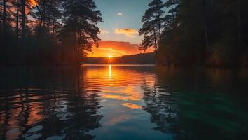 Lake Sunset Through Trees Reflection photo