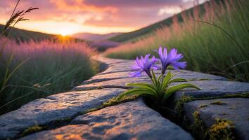 Purple Flower on Stone Path at Sunset photo