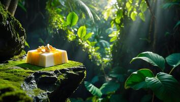 Soap Bar with Cashew on Mossy Rock in Tropical Forest photo