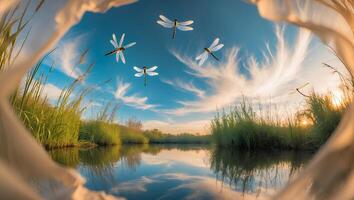 Dragonflies Flying Over Calm Lake Reflecting Sky photo