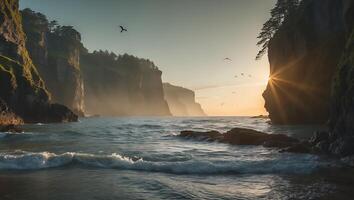 Coastal Cliffs and Ocean Waves at Sunset with Flying Birds photo