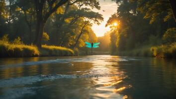 Dragonfly Flying Over a River at Sunset photo