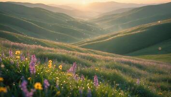 Rolling Hills with Flower and Sunset Scenery photo