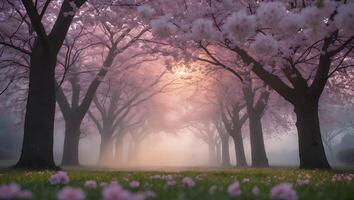 Cherry Blossom Tree Avenue in Fog photo